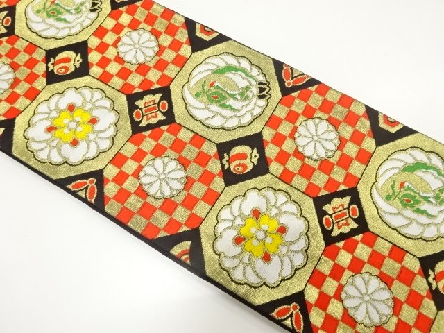 JAPANESE KIMONO / ANTIQUE CHILDRENS OBI WOVEN / CRANE / CHRYSANTHEMUM 